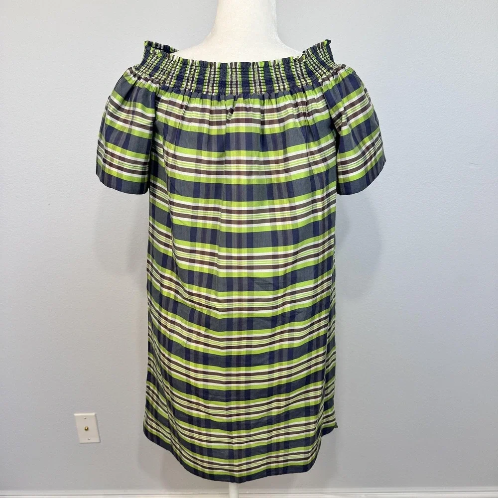 J.Crew Dress Women's Size 2 Green Plaid Off Shoulder Yarn Dyed Silk Shift - Picture 7 of 16